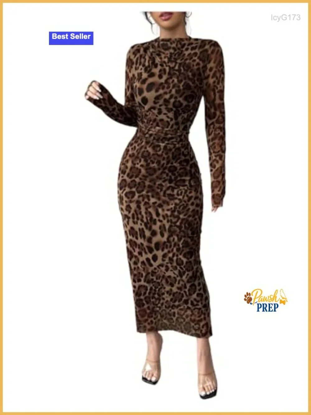 Women's Leopard Mesh Sheer Long Sleeve Maxi Dress Ruched Bodycon Party